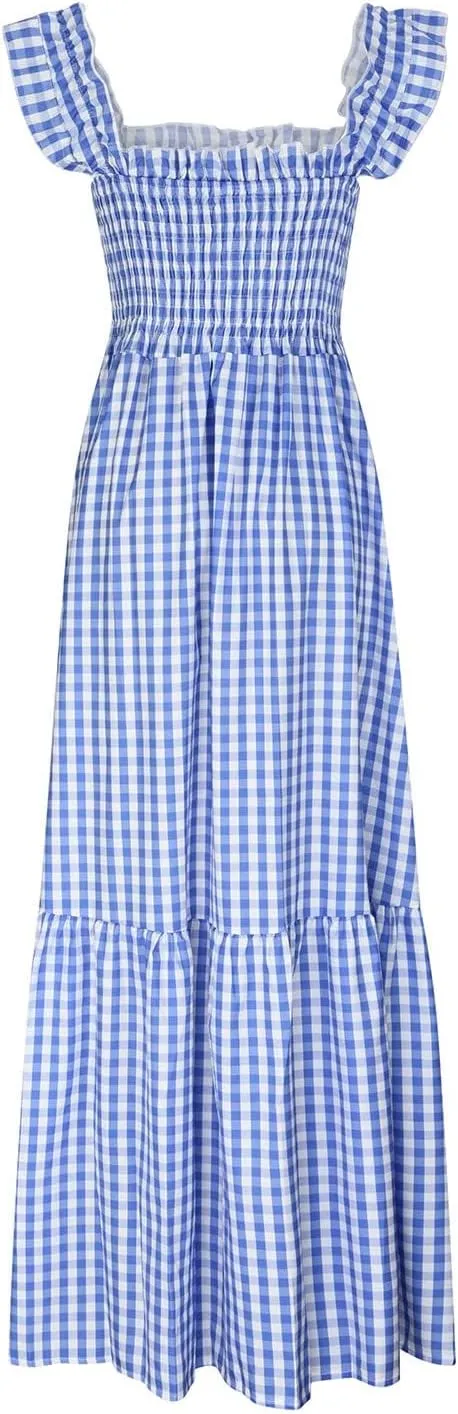 Womens Summer Dress Sleeveless Strap Retro Plaid A-Line Smocked Flowy Maxi Long Dress Beach Vacation Dresses