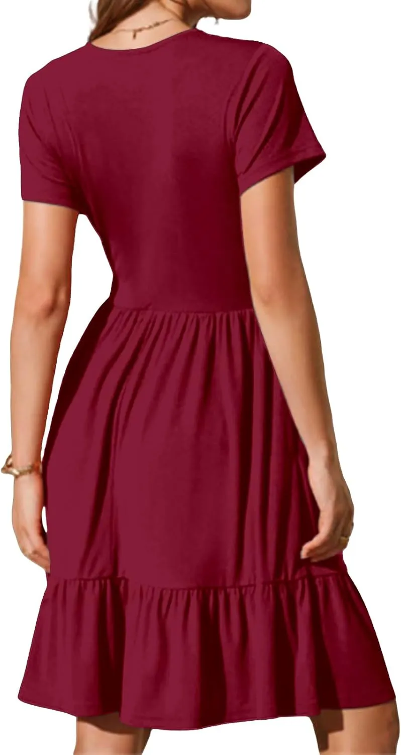 Womens Summer Dress Square Neck Short Sleeve Babydoll Dress A-Line Ruffle Beach Sundress Outfits