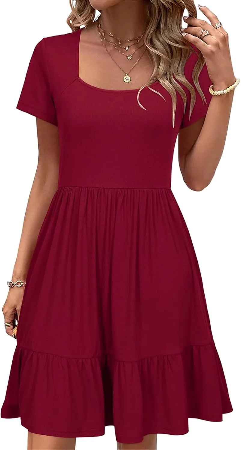 Womens Summer Dress Square Neck Short Sleeve Babydoll Dress A-Line Ruffle Beach Sundress Outfits