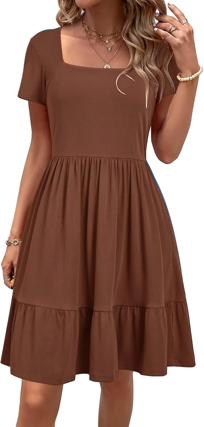 Womens Summer Dress Square Neck Short Sleeve Babydoll Dress A-Line Ruffle Beach Sundress Outfits