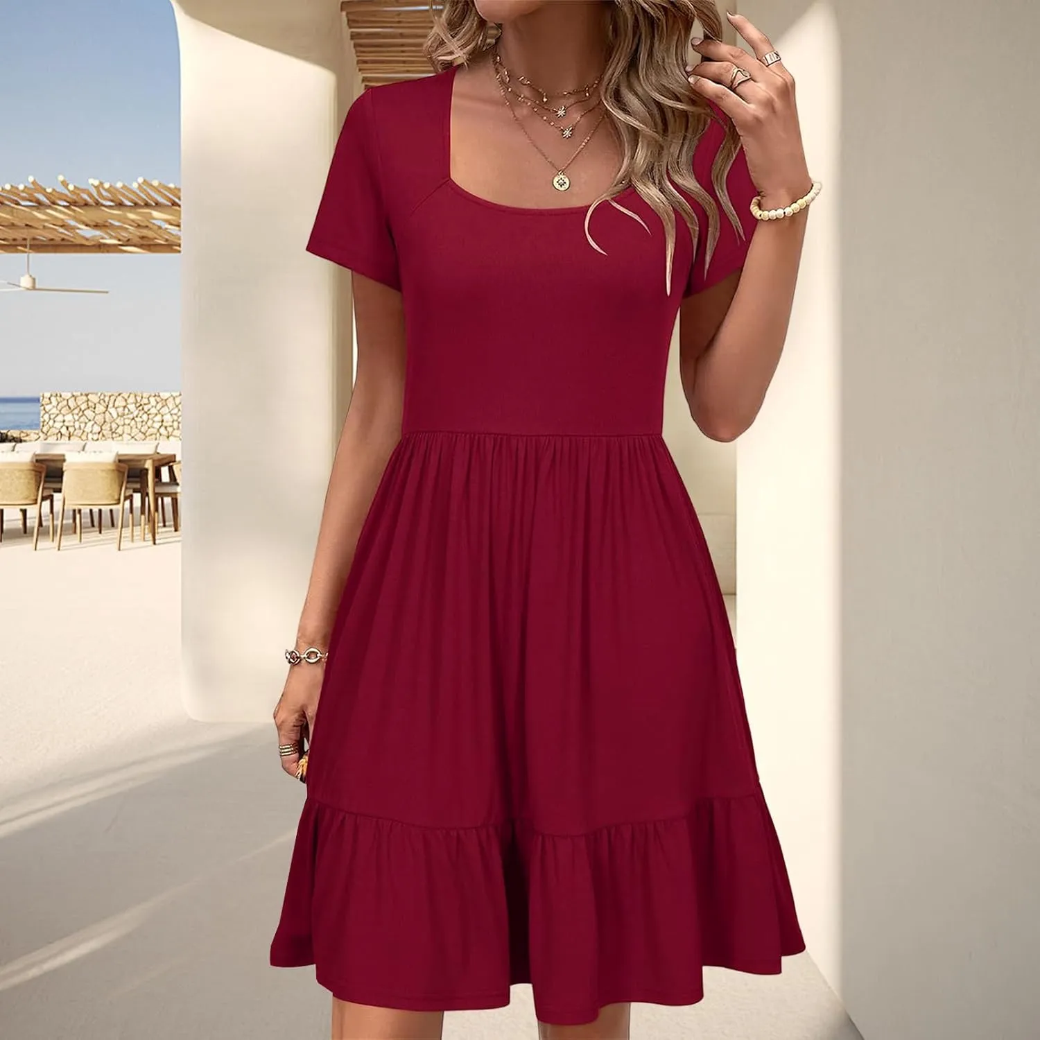 Womens Summer Dress Square Neck Short Sleeve Babydoll Dress A-Line Ruffle Beach Sundress Outfits