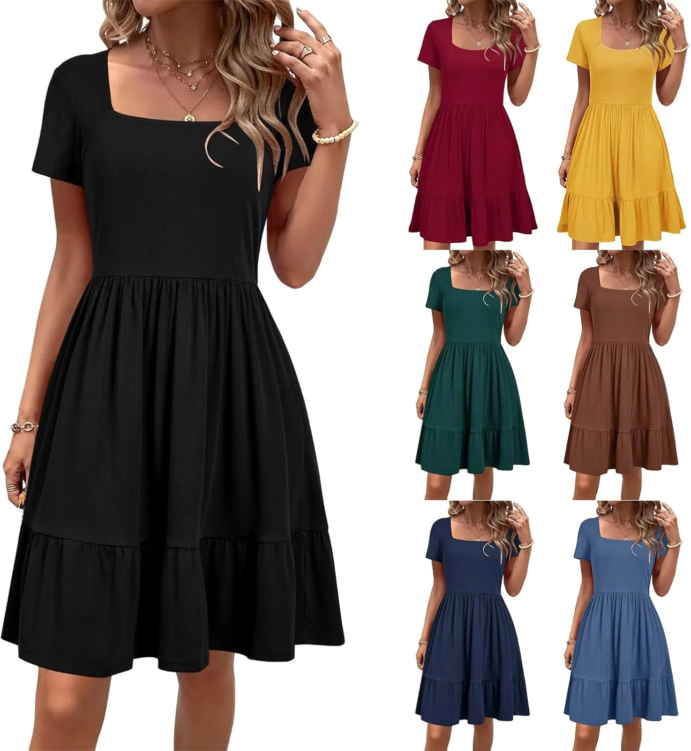 Womens Summer Dress Square Neck Short Sleeve Babydoll Dress A-Line Ruffle Beach Sundress Outfits
