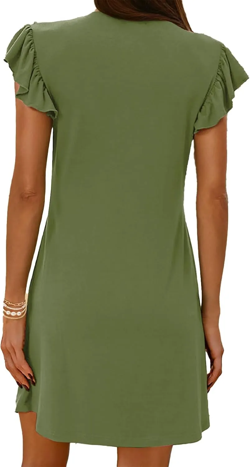 Womens Summer Dresses Elegant Ruffle Sleeve Mini Dresses Deep V Neck Loose Sundress Casual Vacation Beach Dress