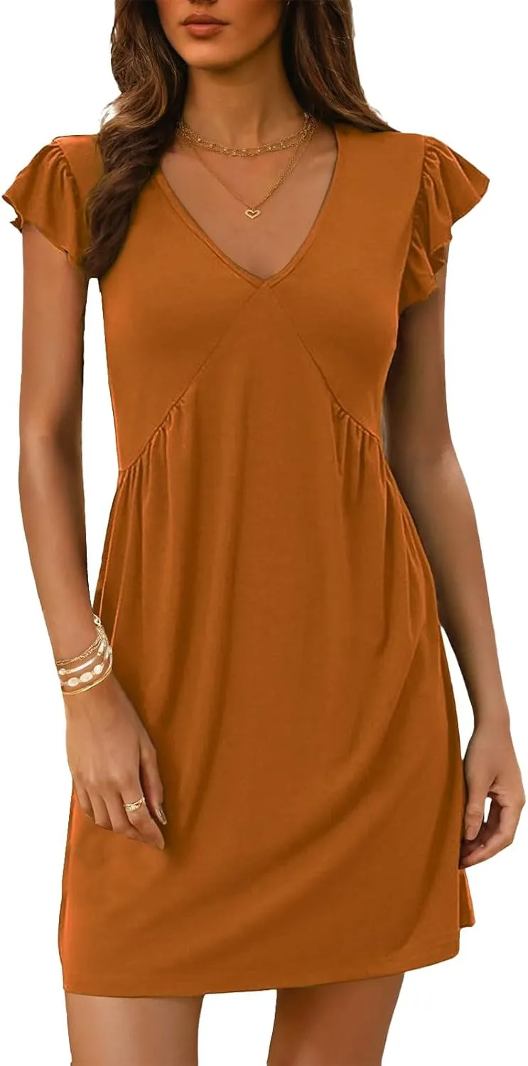Womens Summer Dresses Elegant Ruffle Sleeve Mini Dresses Deep V Neck Loose Sundress Casual Vacation Beach Dress