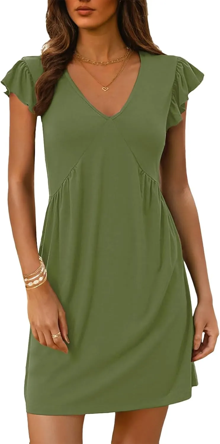 Womens Summer Dresses Elegant Ruffle Sleeve Mini Dresses Deep V Neck Loose Sundress Casual Vacation Beach Dress