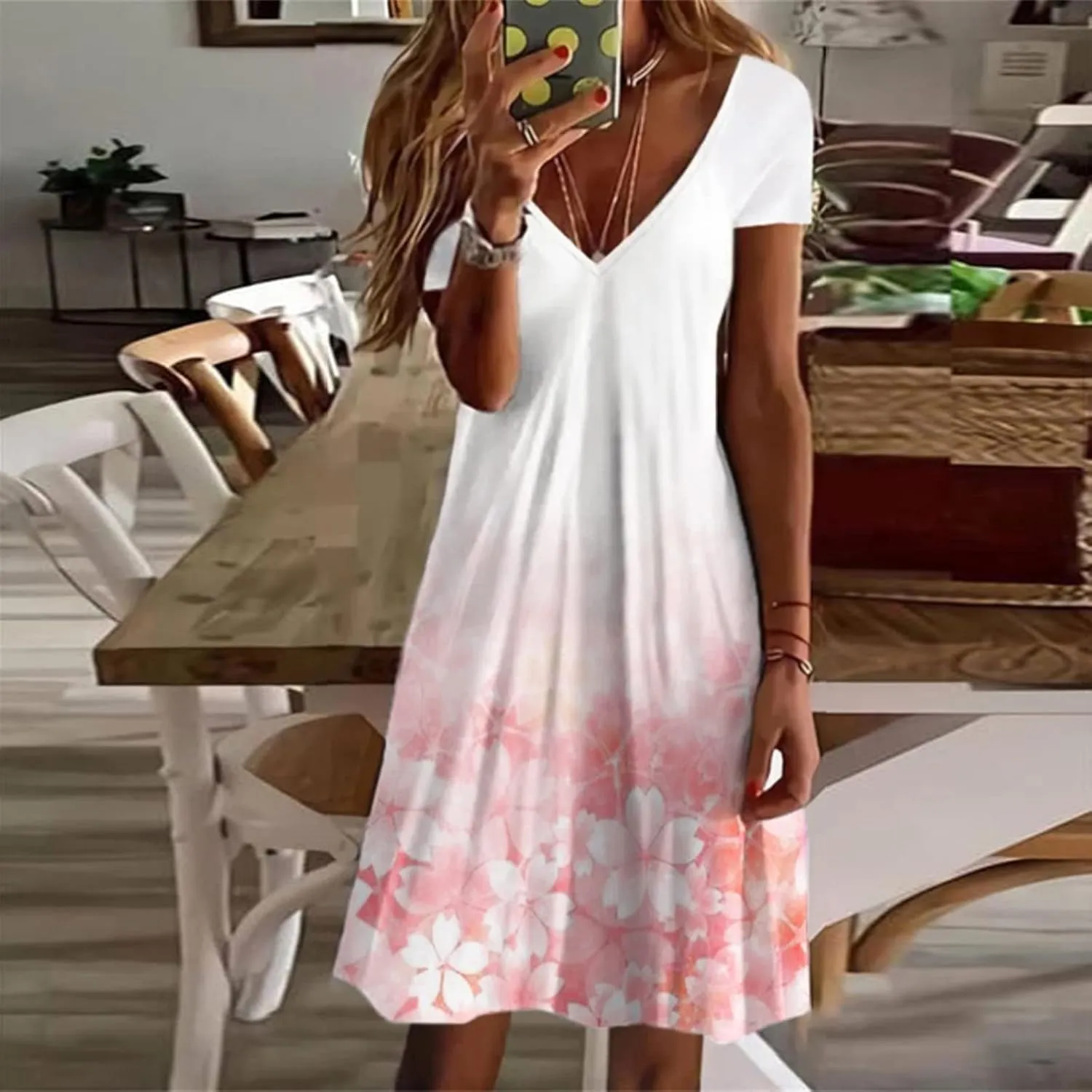 Womens Summer Midi Dresses Trendy V-Neck Short Sleeve Beach Sundresses Floral Printed Dress Casual Loose Outfits 2025