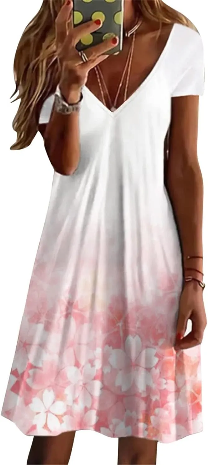 Womens Summer Midi Dresses Trendy V-Neck Short Sleeve Beach Sundresses Floral Printed Dress Casual Loose Outfits 2025