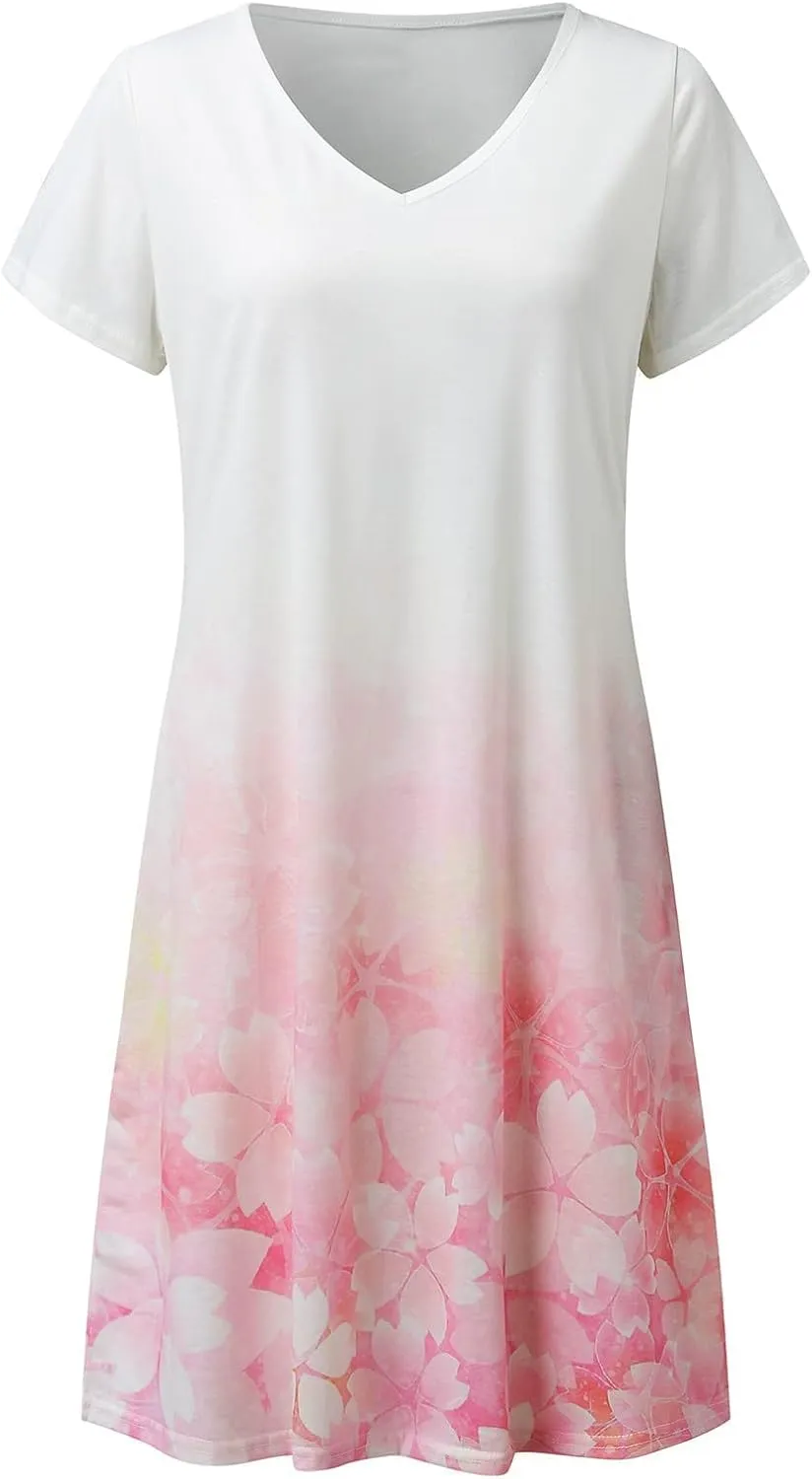 Womens Summer Midi Dresses Trendy V-Neck Short Sleeve Beach Sundresses Floral Printed Dress Casual Loose Outfits 2025