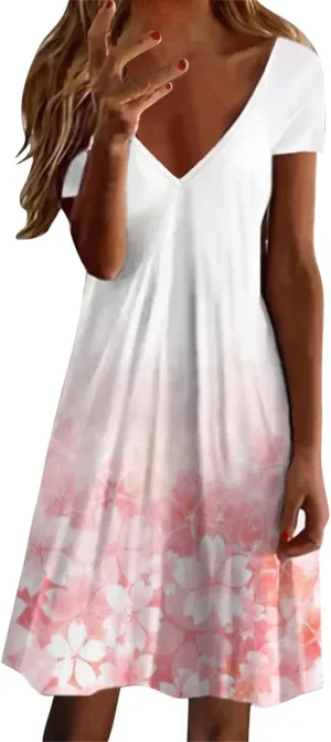 Womens Summer Midi Dresses Trendy V-Neck Short Sleeve Beach Sundresses Floral Printed Dress Casual Loose Outfits 2025
