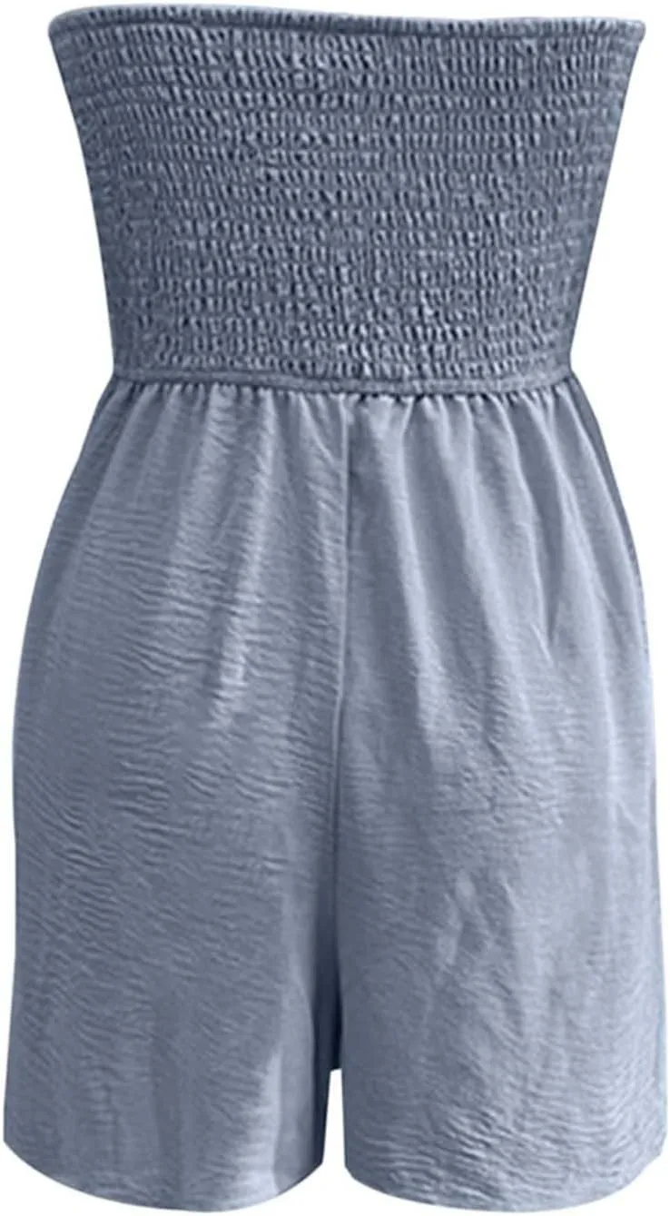 Womens Summer Rompers Cotton Linen Smocked Short Jumpsuits Off Shoulder Ruffle Vacation Beach Outfits 2025 Clothes