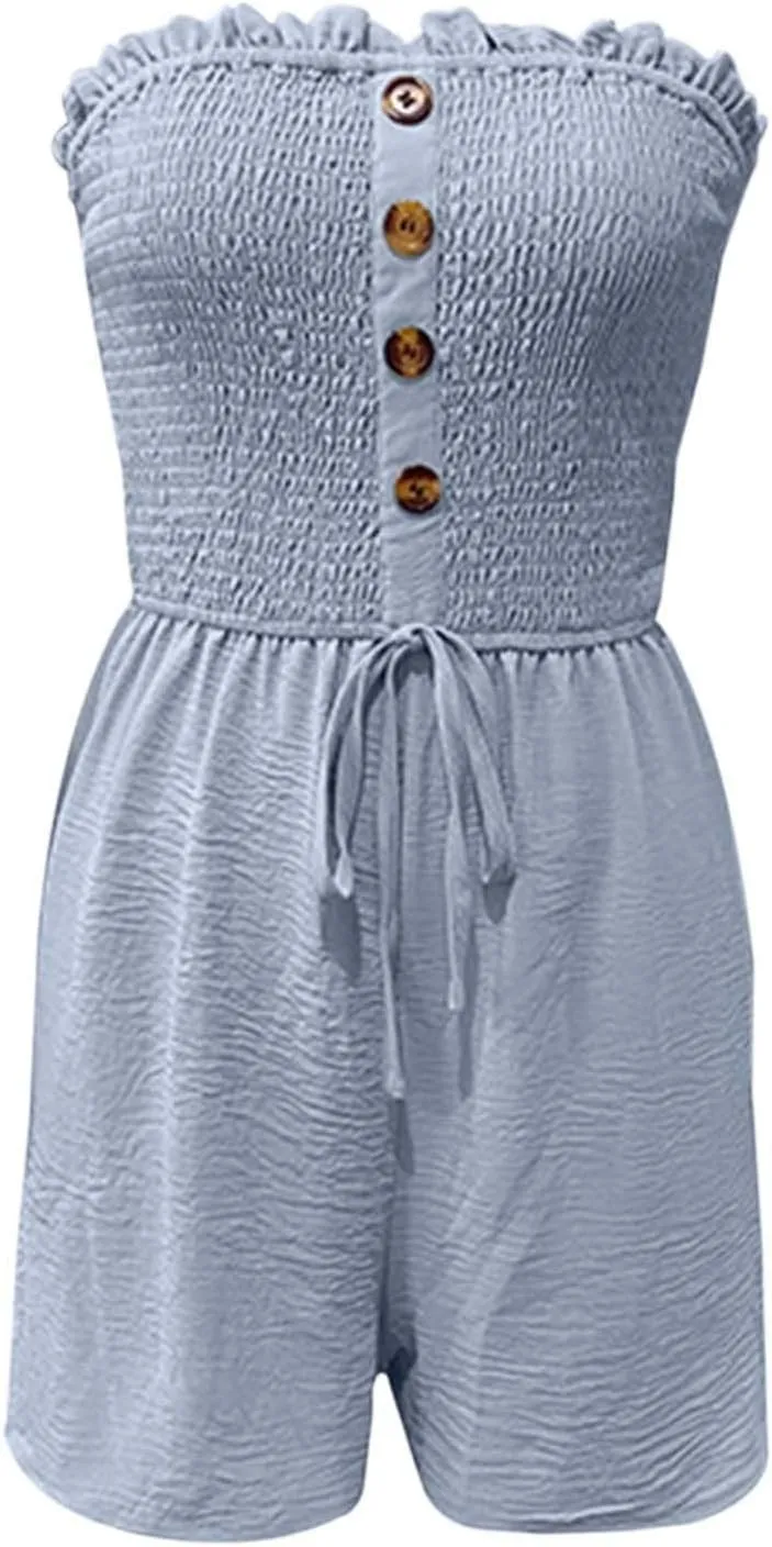 Womens Summer Rompers Cotton Linen Smocked Short Jumpsuits Off Shoulder Ruffle Vacation Beach Outfits 2025 Clothes