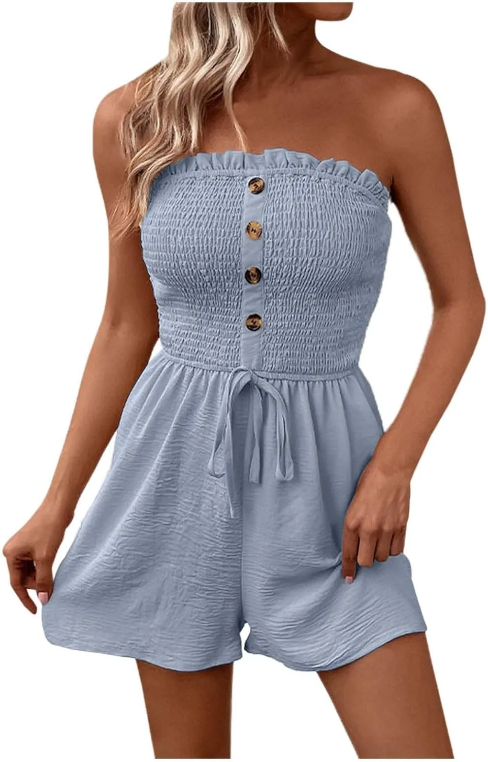 Womens Summer Rompers Cotton Linen Smocked Short Jumpsuits Off Shoulder Ruffle Vacation Beach Outfits 2025 Clothes