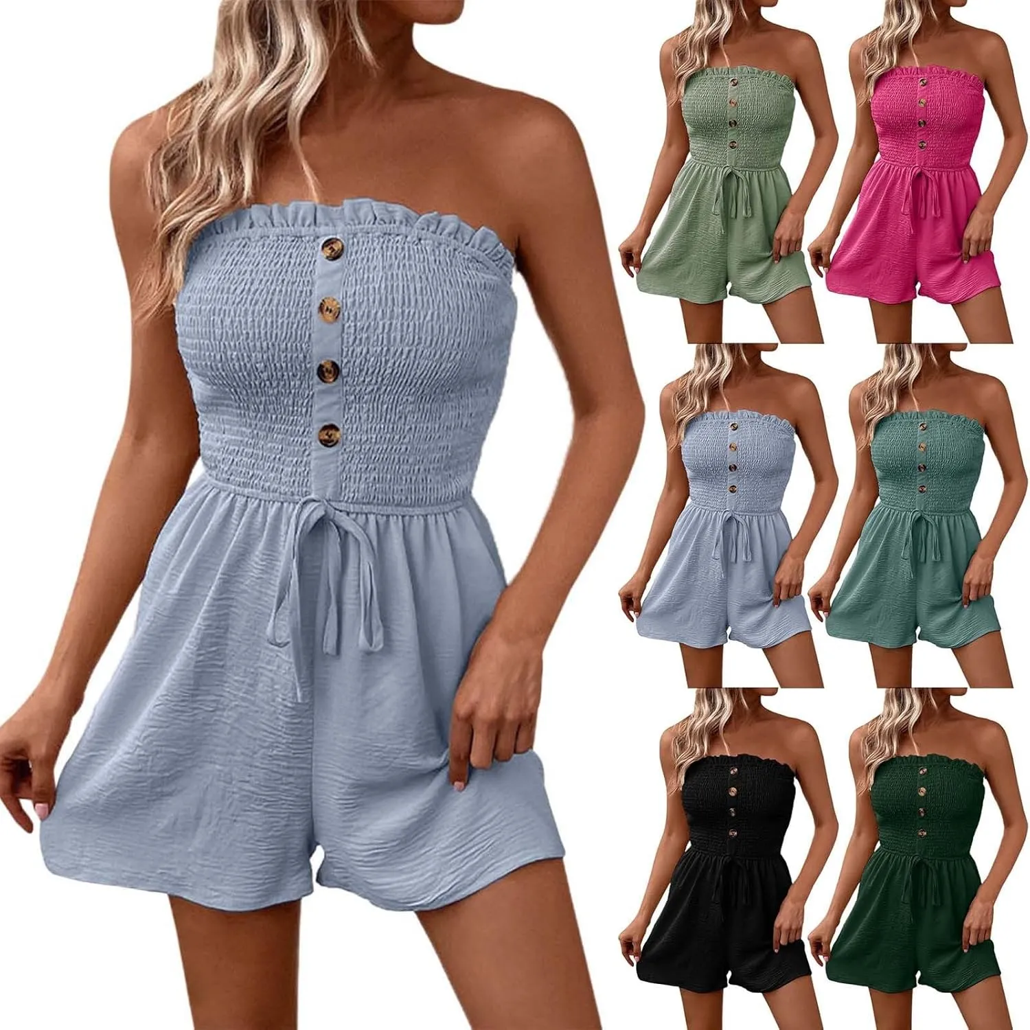 Womens Summer Rompers Cotton Linen Smocked Short Jumpsuits Off Shoulder Ruffle Vacation Beach Outfits 2025 Clothes
