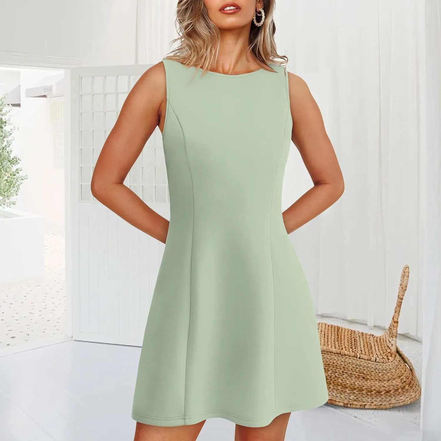 Women's Summer Sexy Sleeveless Crew Neck Tennis Dress Boat Neck A-line Bodycon Party Club Mini Dresses