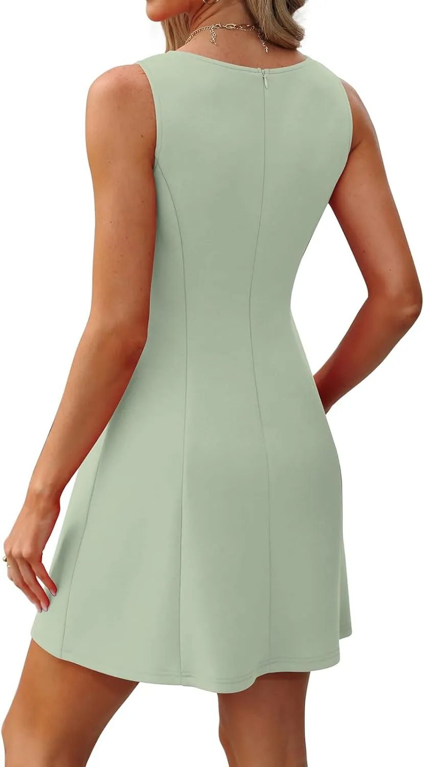 Women's Summer Sexy Sleeveless Crew Neck Tennis Dress Boat Neck A-line Bodycon Party Club Mini Dresses