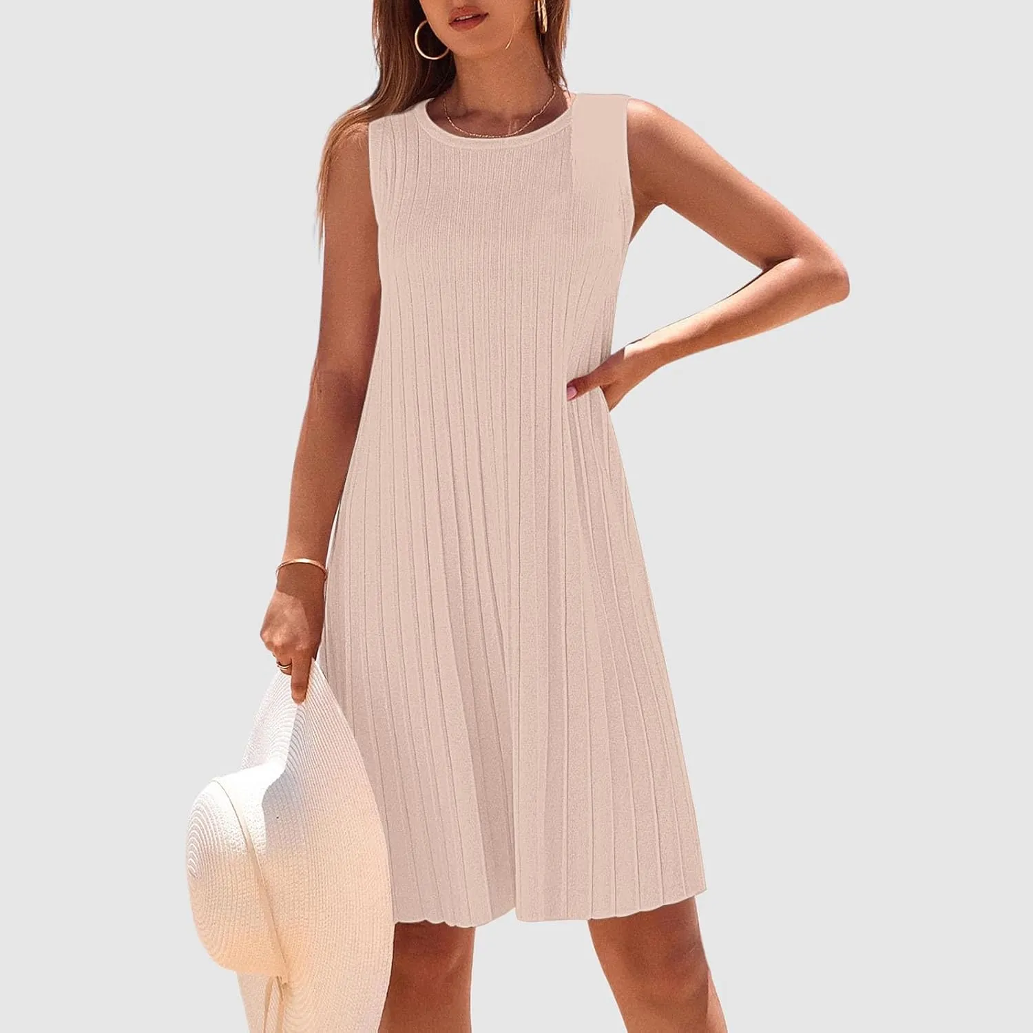Womens Summer Sleeveless Mini Dress Crewneck Casual A Line Pleated Cover Ups Swing Tank Dresses