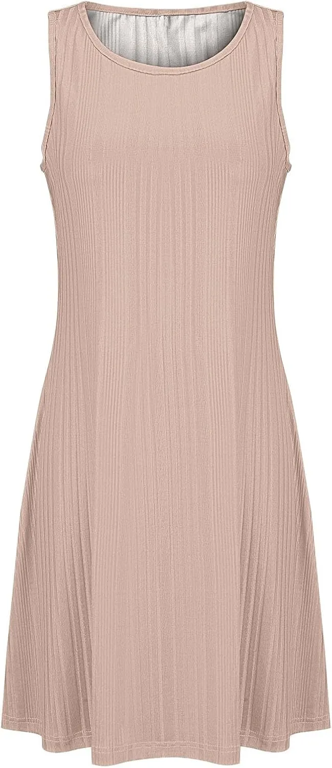 Womens Summer Sleeveless Mini Dress Crewneck Casual A Line Pleated Cover Ups Swing Tank Dresses