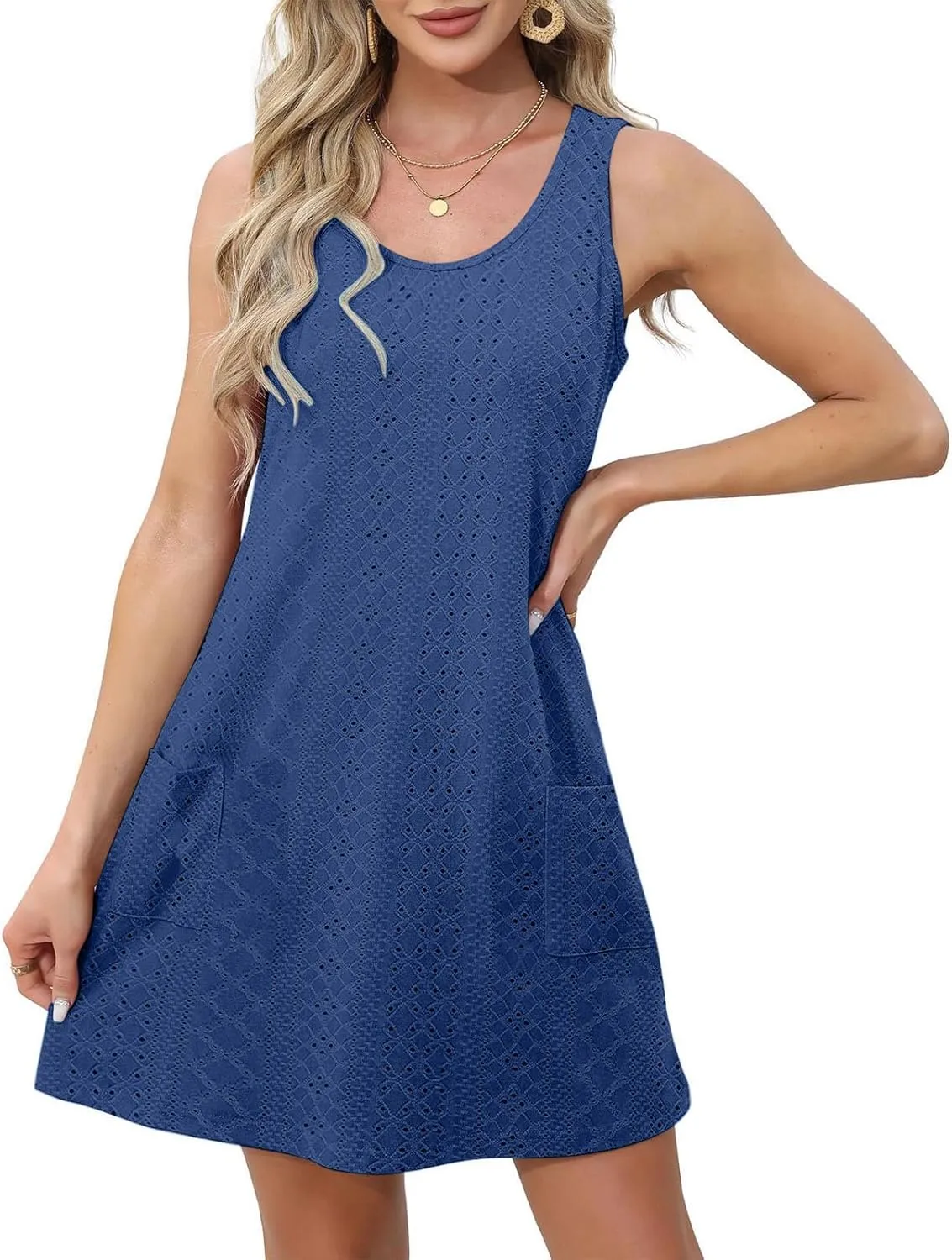 Women's Summer Sun Dresses Casual Loose Sleeveless Solid Color Dress Crewneck 2025 Vacation Comfy Dress with Pocket