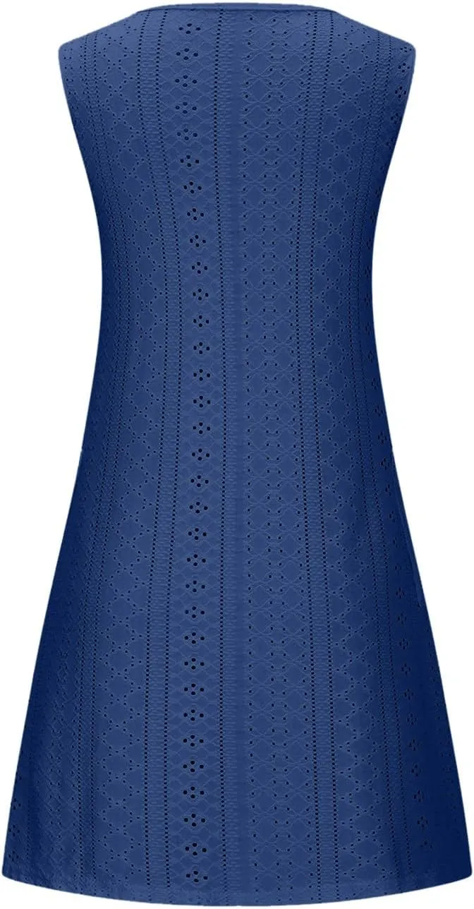 Women's Summer Sun Dresses Casual Loose Sleeveless Solid Color Dress Crewneck 2025 Vacation Comfy Dress with Pocket
