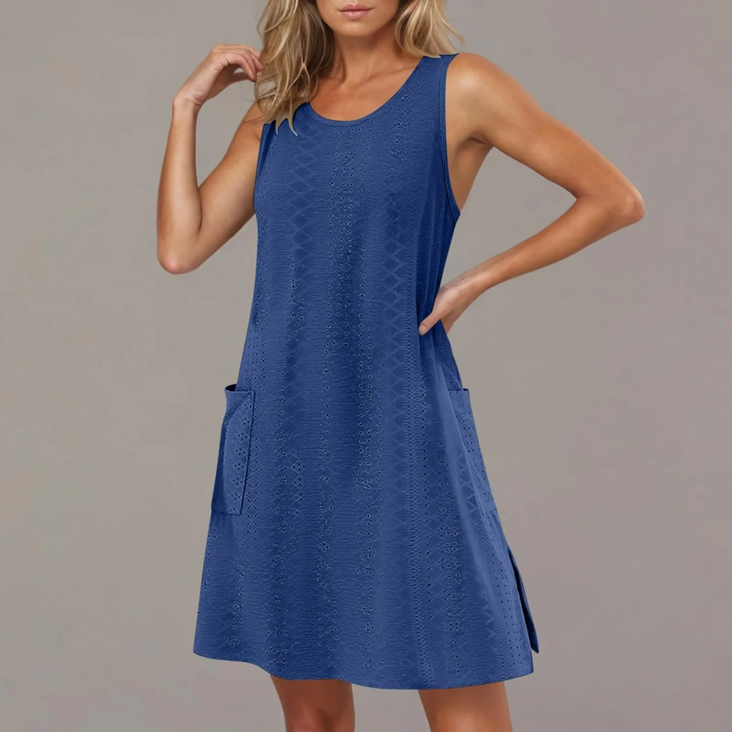 Women's Summer Sun Dresses Casual Loose Sleeveless Solid Color Dress Crewneck 2025 Vacation Comfy Dress with Pocket