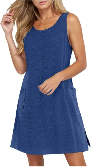 Women's Summer Sun Dresses Casual Loose Sleeveless Solid Color Dress Crewneck 2025 Vacation Comfy Dress with Pocket