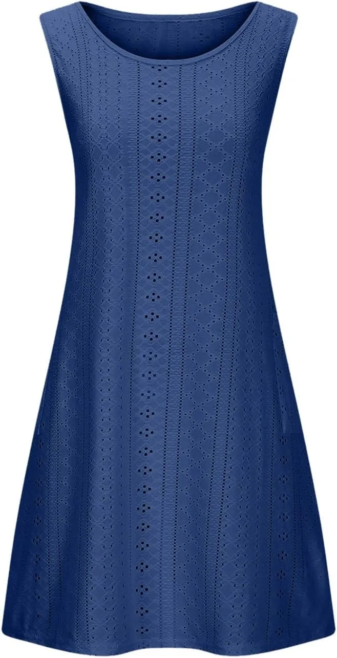 Women's Summer Sun Dresses Casual Loose Sleeveless Solid Color Dress Crewneck 2025 Vacation Comfy Dress with Pocket