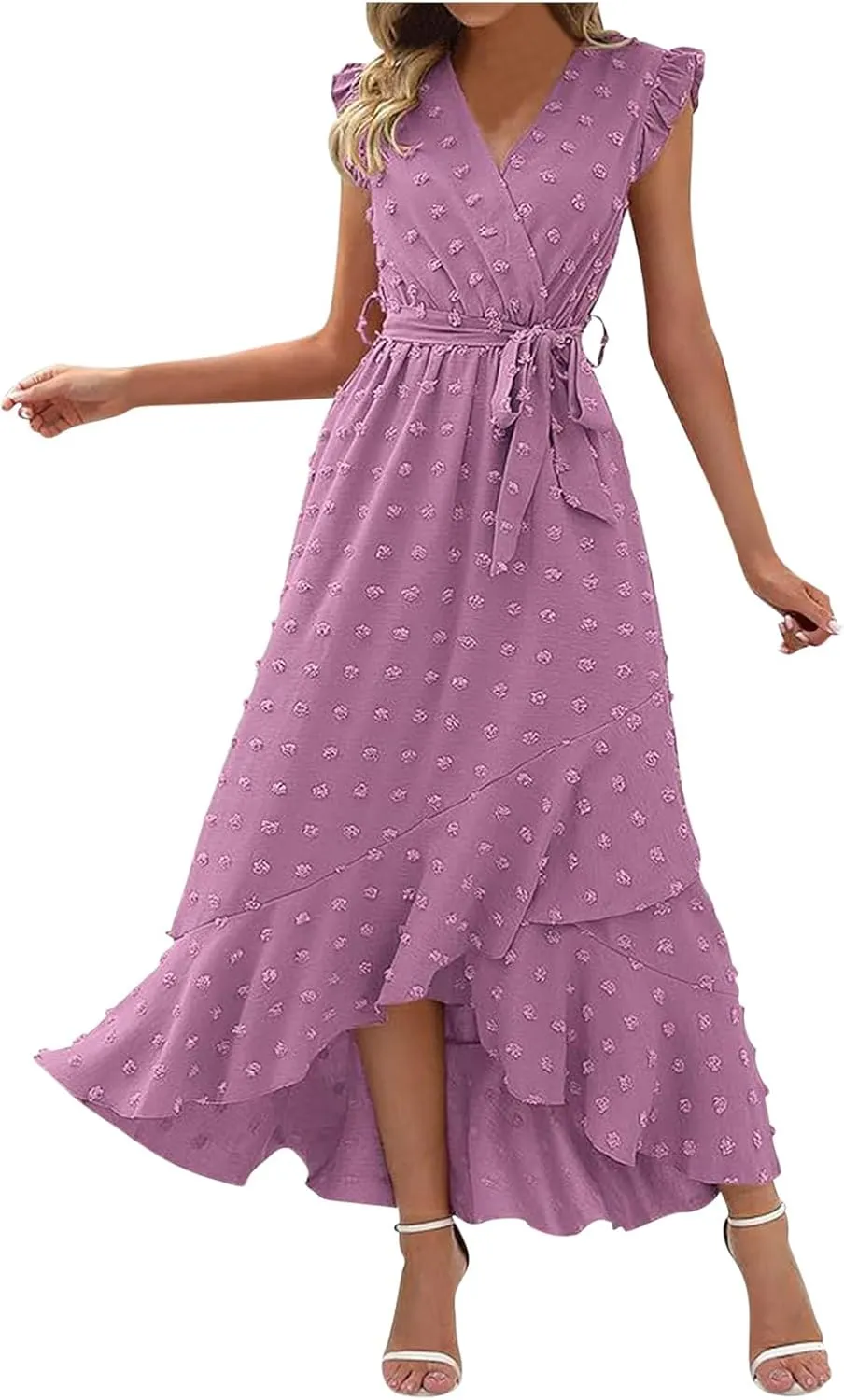 Womens Summer Wrap Maxi Dress Casual Boho V Neck Ruffle Short Sleeve Ruffle Hem Split Beach Long Dresses