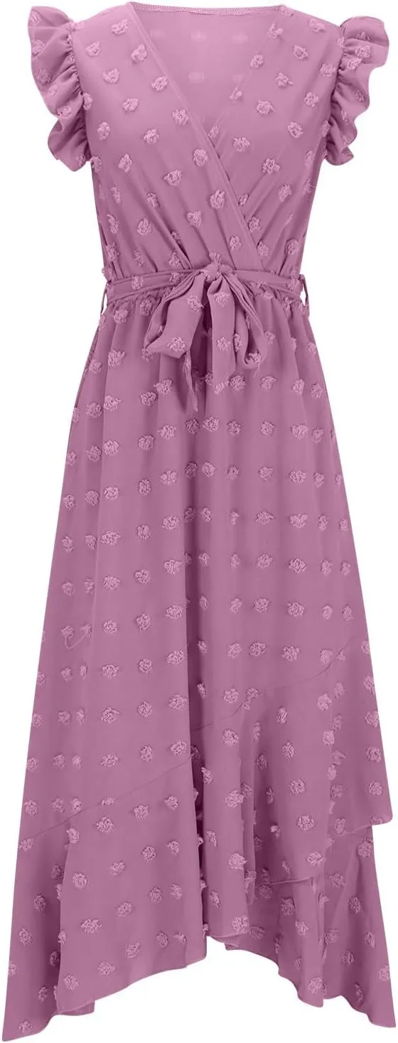 Womens Summer Wrap Maxi Dress Casual Boho V Neck Ruffle Short Sleeve Ruffle Hem Split Beach Long Dresses