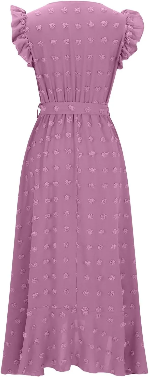 Womens Summer Wrap Maxi Dress Casual Boho V Neck Ruffle Short Sleeve Ruffle Hem Split Beach Long Dresses