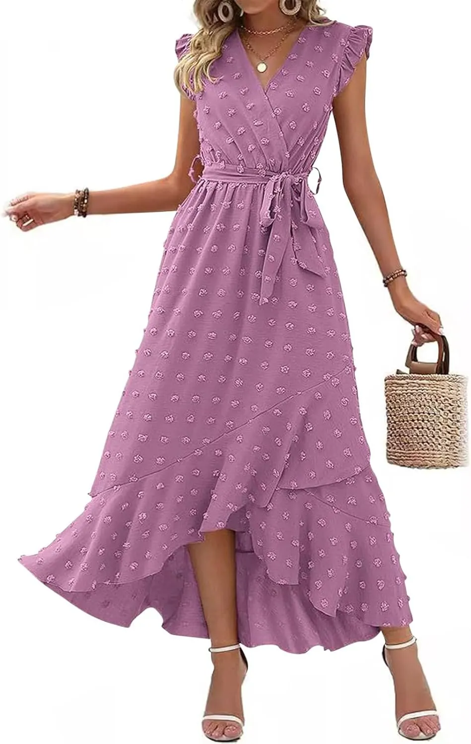 Womens Summer Wrap Maxi Dress Casual Boho V Neck Ruffle Short Sleeve Ruffle Hem Split Beach Long Dresses