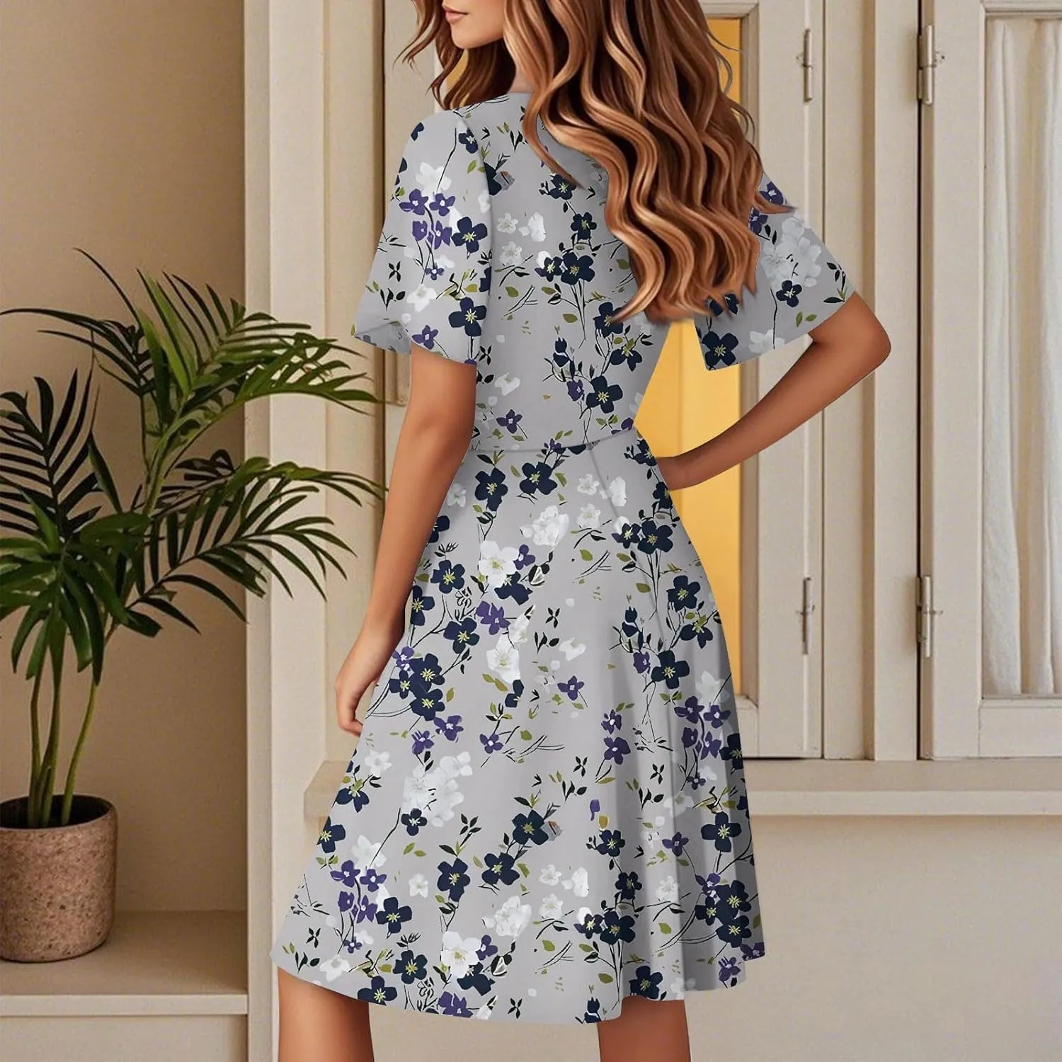 Womens Sundress Summer Floral Short Sleeve Wrap V Neck A-Line Casual Beach Midi Vaction Boho Dress