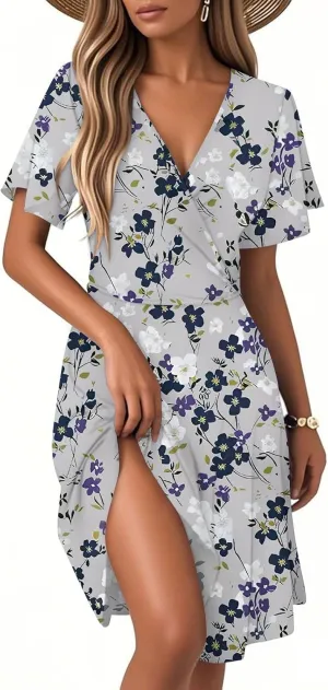 Womens Sundress Summer Floral Short Sleeve Wrap V Neck A-Line Casual Beach Midi Vaction Boho Dress