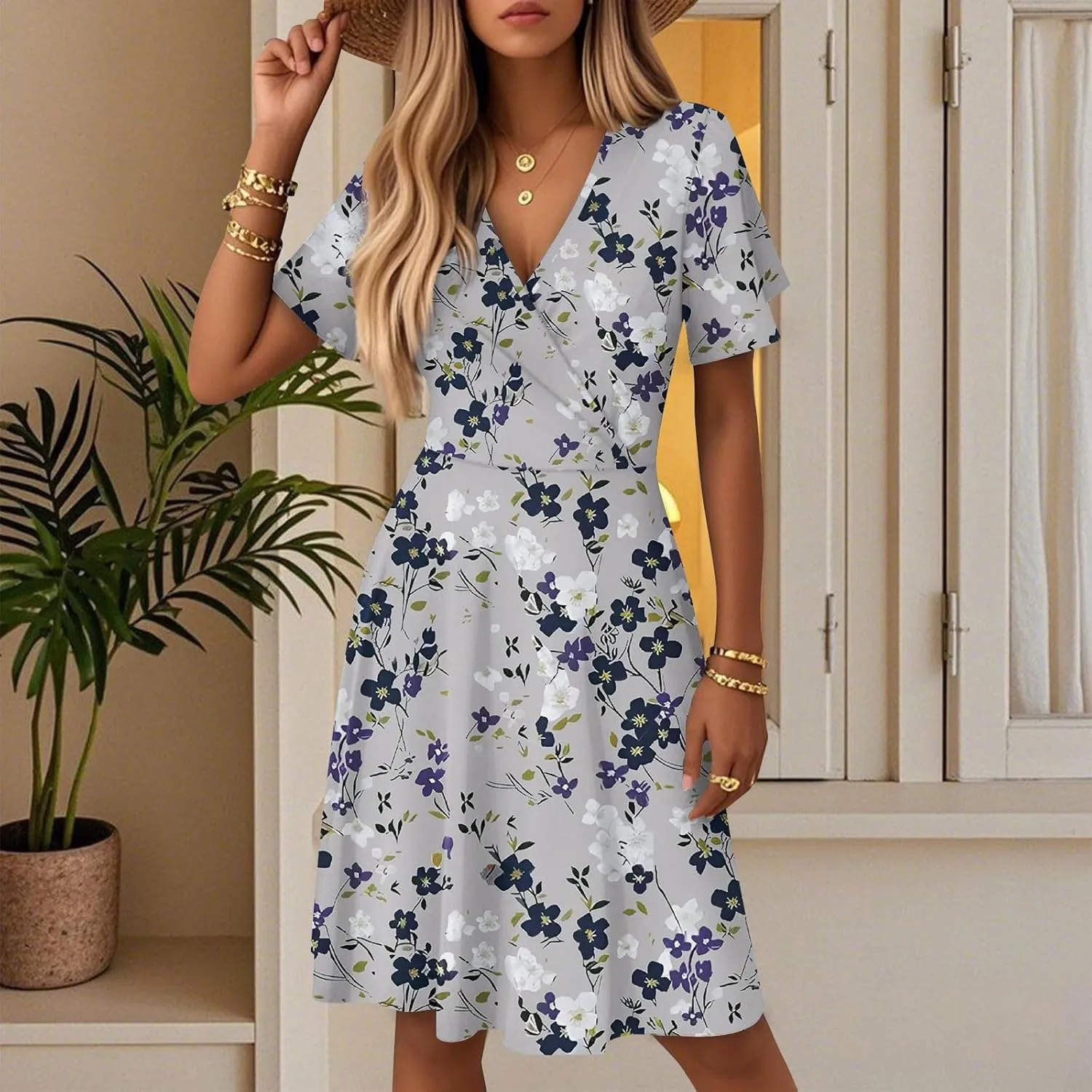 Womens Sundress Summer Floral Short Sleeve Wrap V Neck A-Line Casual Beach Midi Vaction Boho Dress