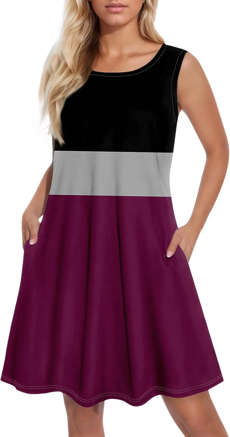 Womens Sundresses Short Tank Dress Spring Casual Dresses Cover Up Sleeveless Beach Flowy Dress Summer with Pocket