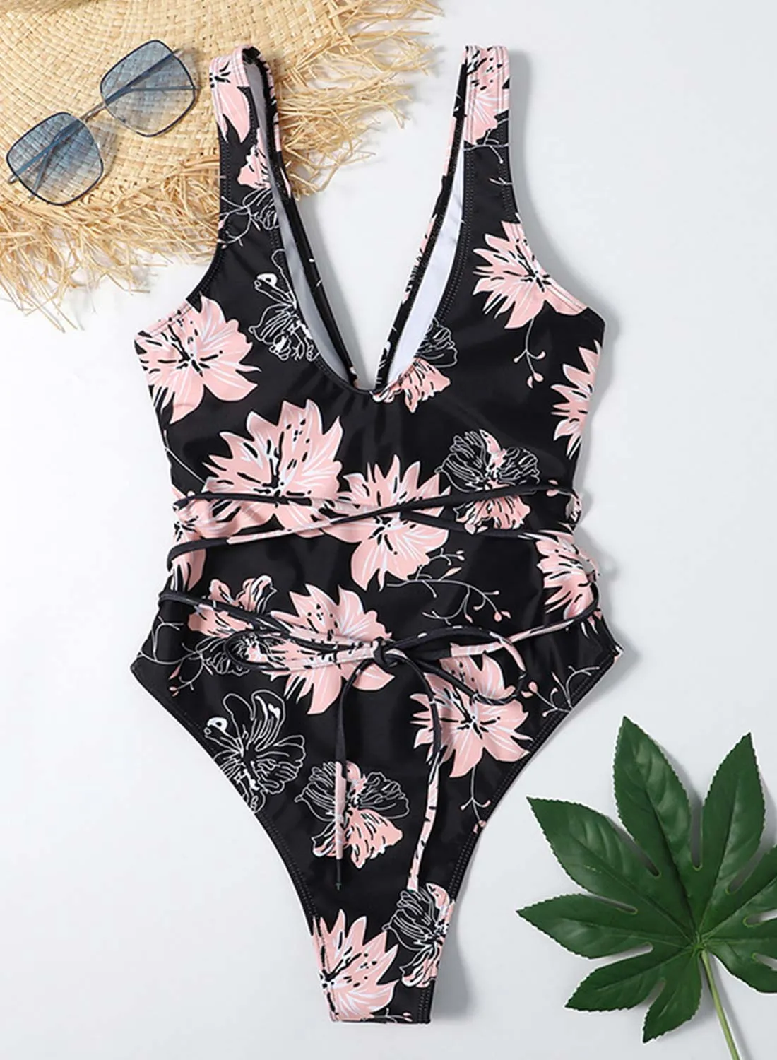 Women's Swimsuits Floral Strappy Belted Criss Cross One-piece Swimsuits