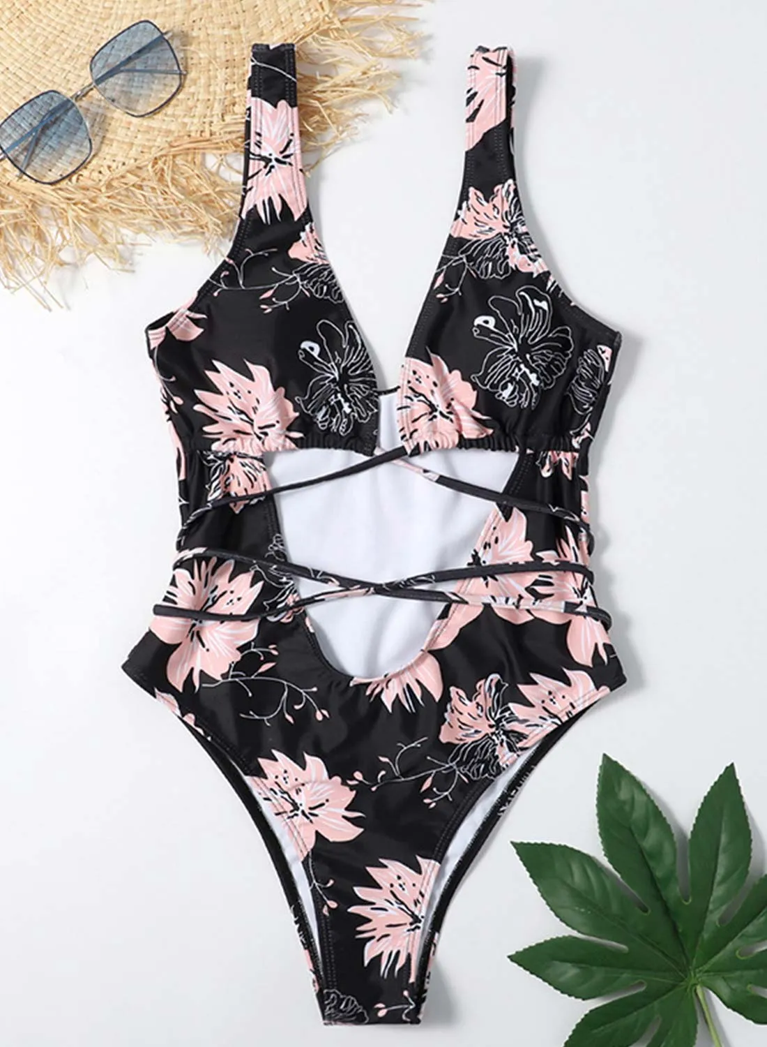 Women's Swimsuits Floral Strappy Belted Criss Cross One-piece Swimsuits