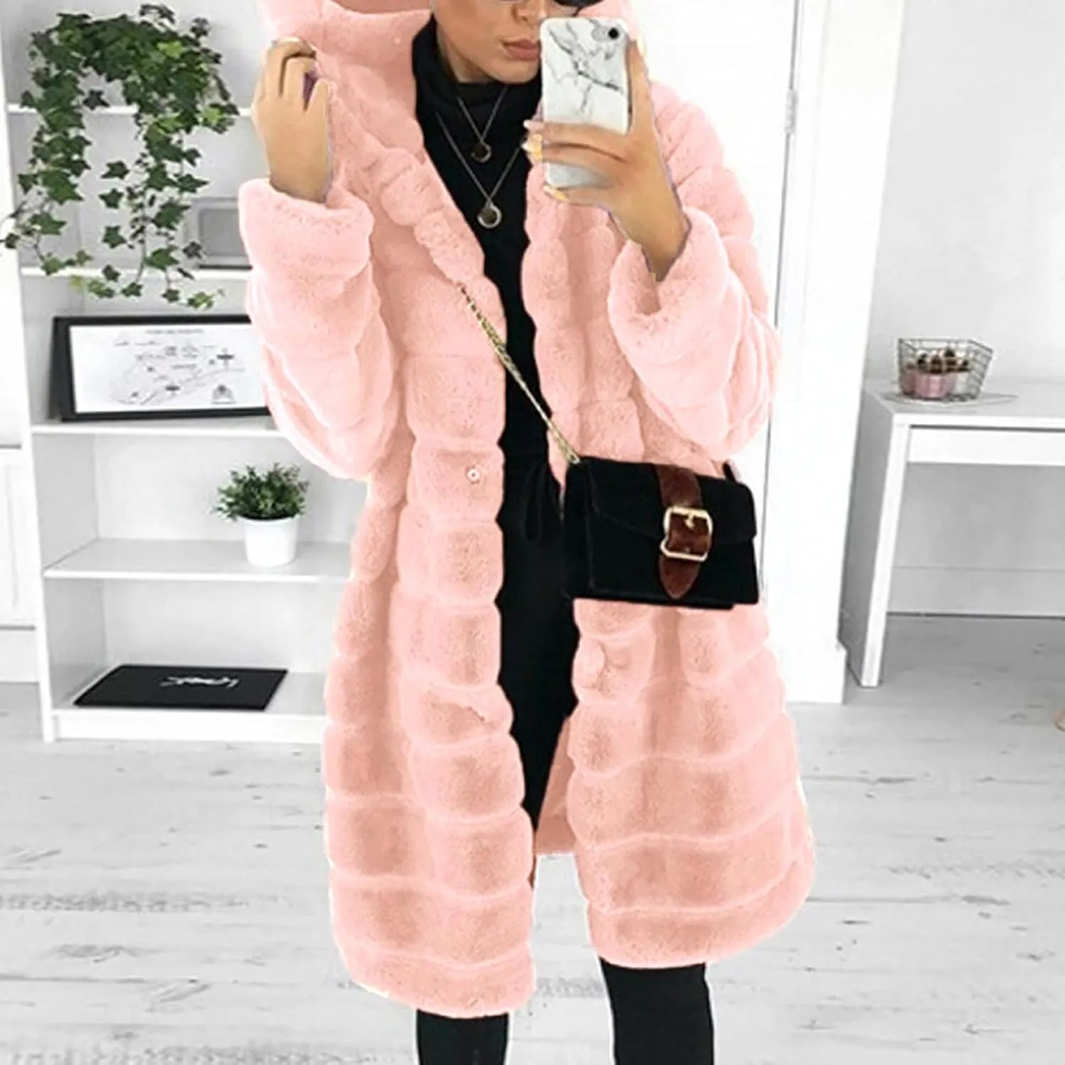 Womens Temperament Solid Outwear Long Sleeve Warm Overcoat Casual Soft Pocket Length Fleece Coat Home Outdoor Clothes