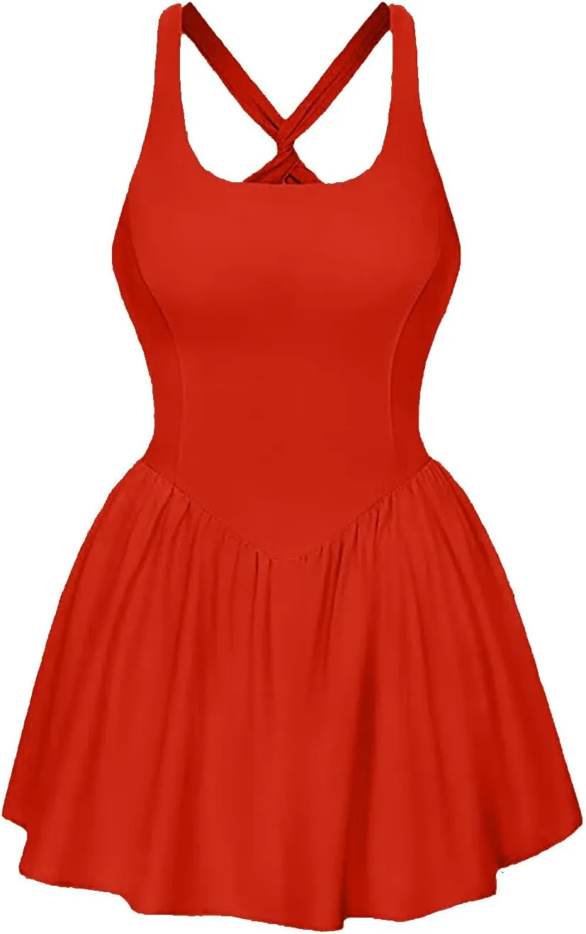 Womens Tennis Skirt Square Neck Sleeveless Straped Pleated Summer Atheltic Dress Casual Slim Breathable Workout Skort