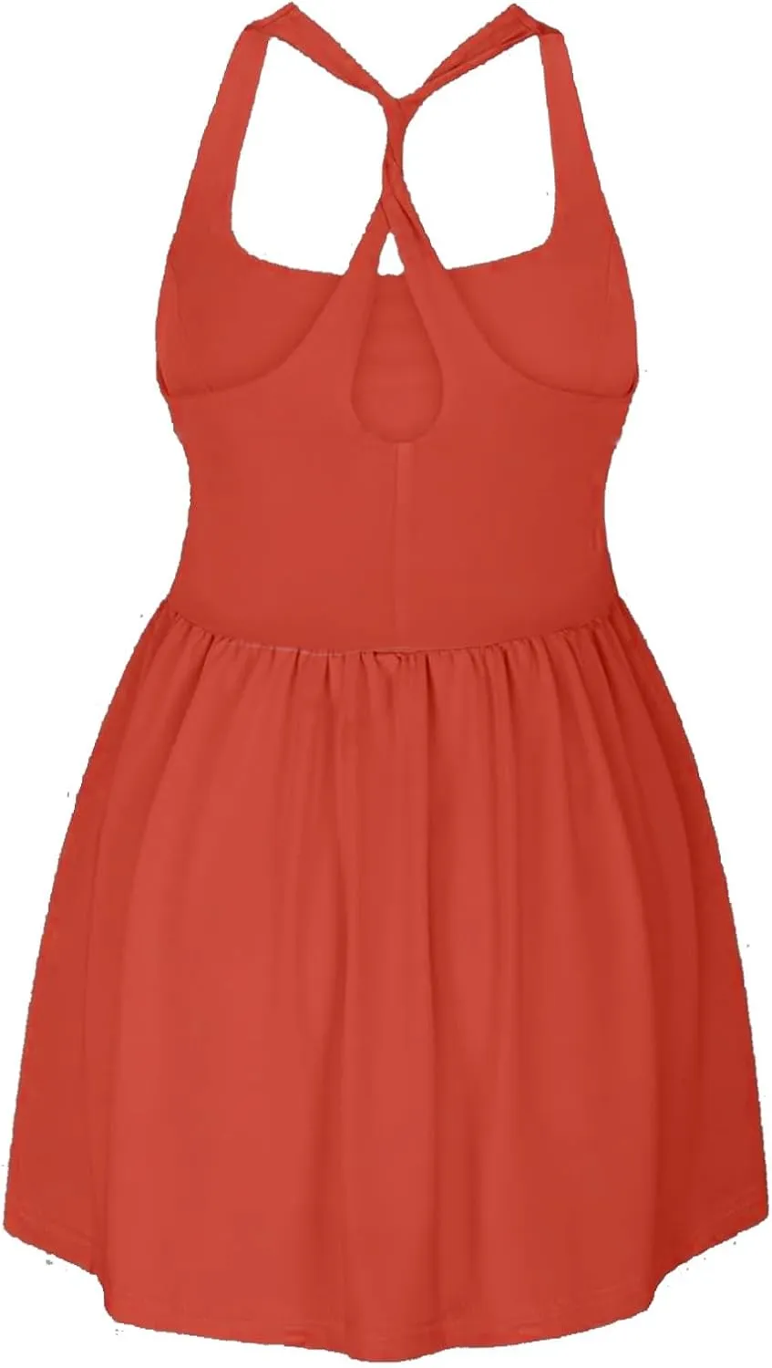 Womens Tennis Skirt Square Neck Sleeveless Straped Pleated Summer Atheltic Dress Casual Slim Breathable Workout Skort