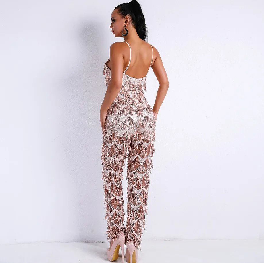 Women's V-Neck Backless Tassel Romper