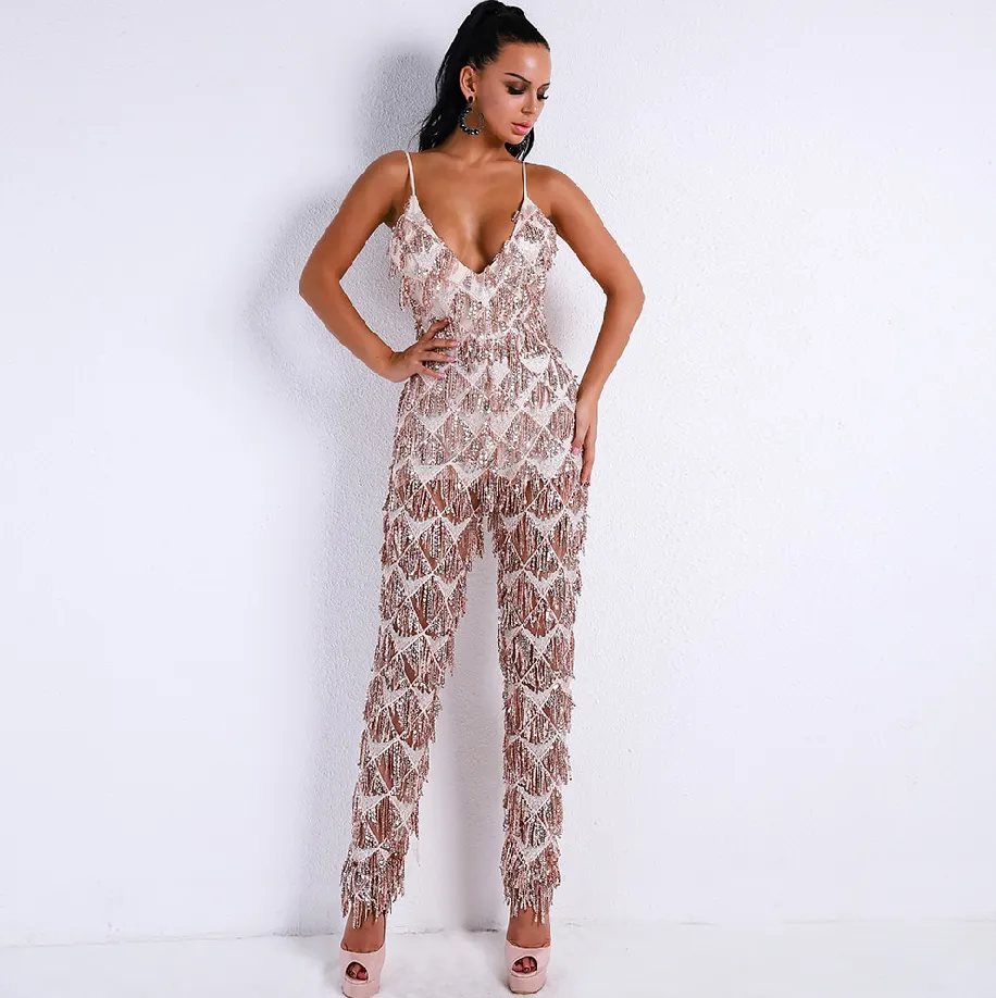 Women's V-Neck Backless Tassel Romper