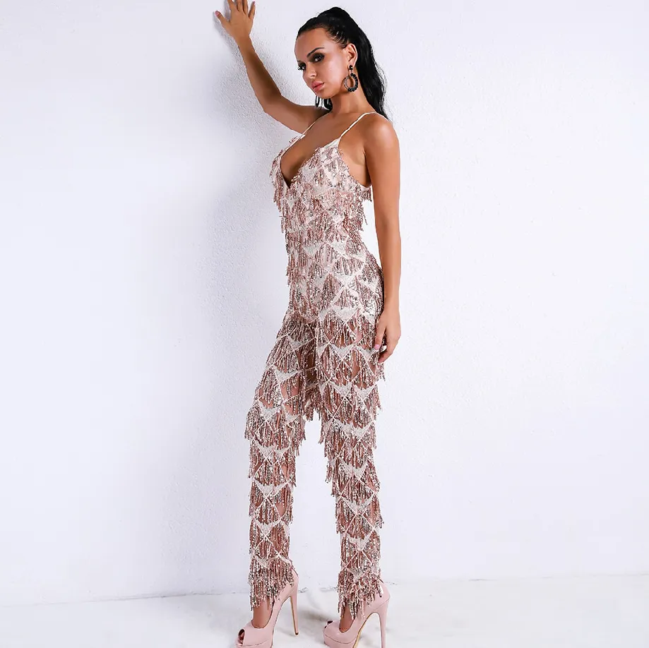 Women's V-Neck Backless Tassel Romper
