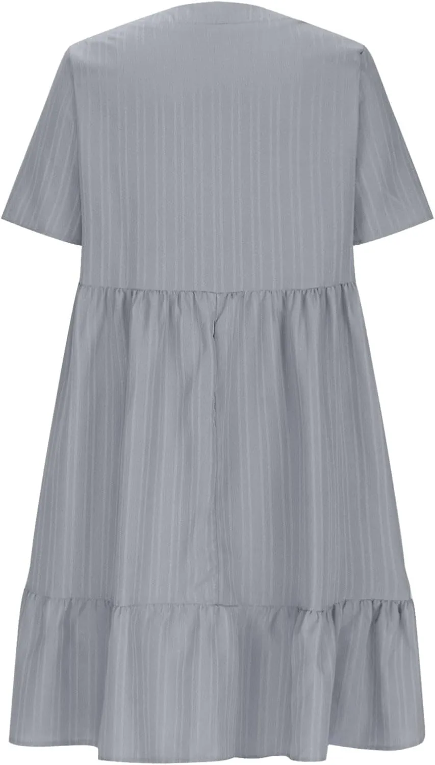 Womens V Neck Pleated Swing Dress 2025 Summer Short Sleeve Loose Casual Dresses Flowy Babydoll Short Beach Sundresses