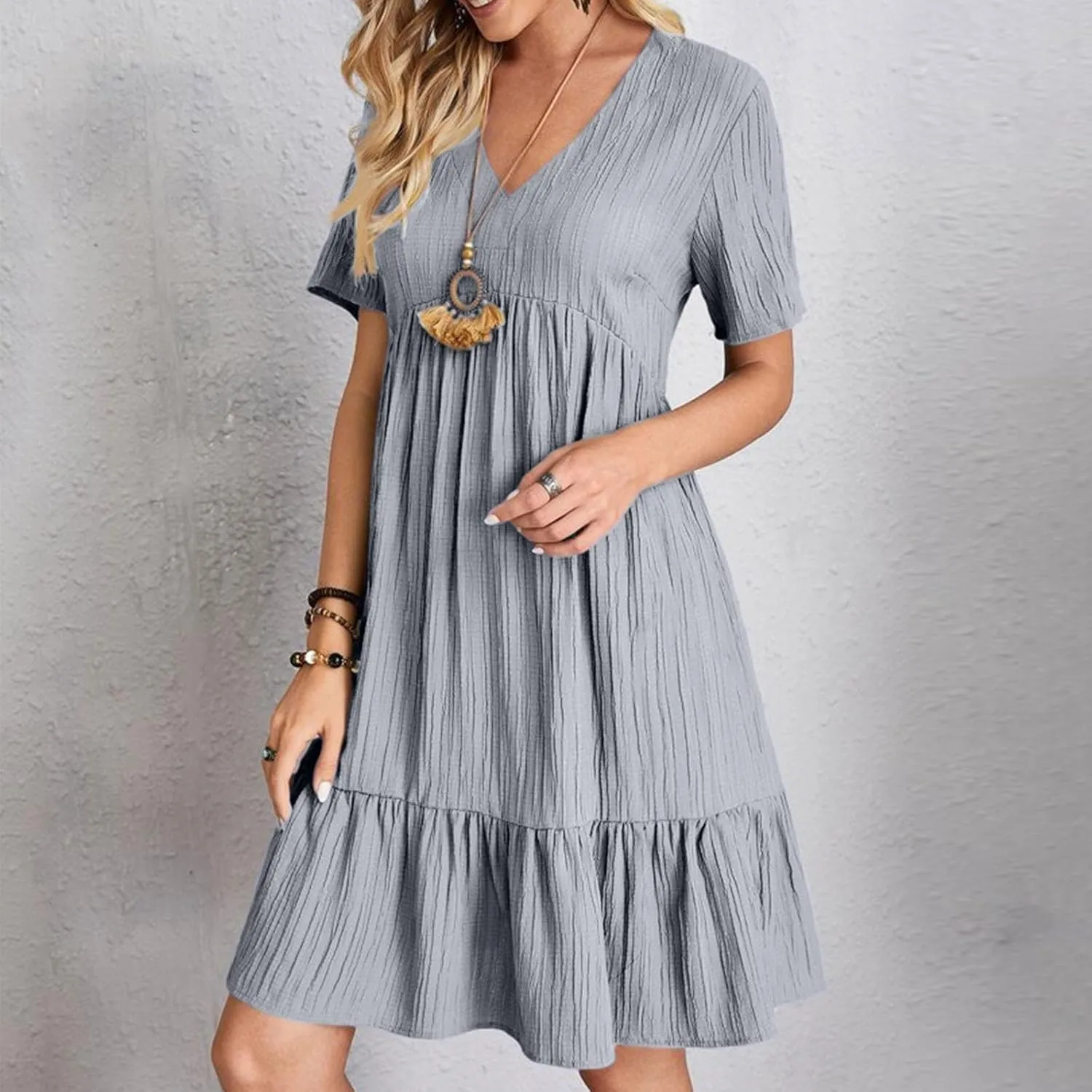 Womens V Neck Pleated Swing Dress 2025 Summer Short Sleeve Loose Casual Dresses Flowy Babydoll Short Beach Sundresses