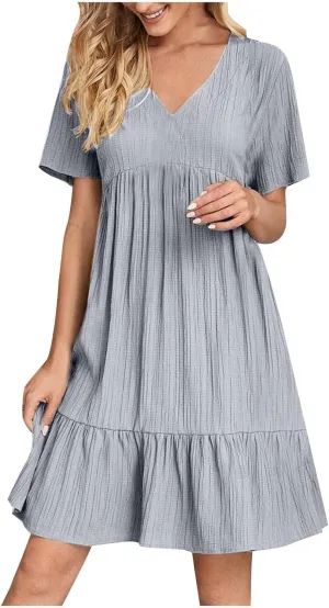 Womens V Neck Pleated Swing Dress 2025 Summer Short Sleeve Loose Casual Dresses Flowy Babydoll Short Beach Sundresses