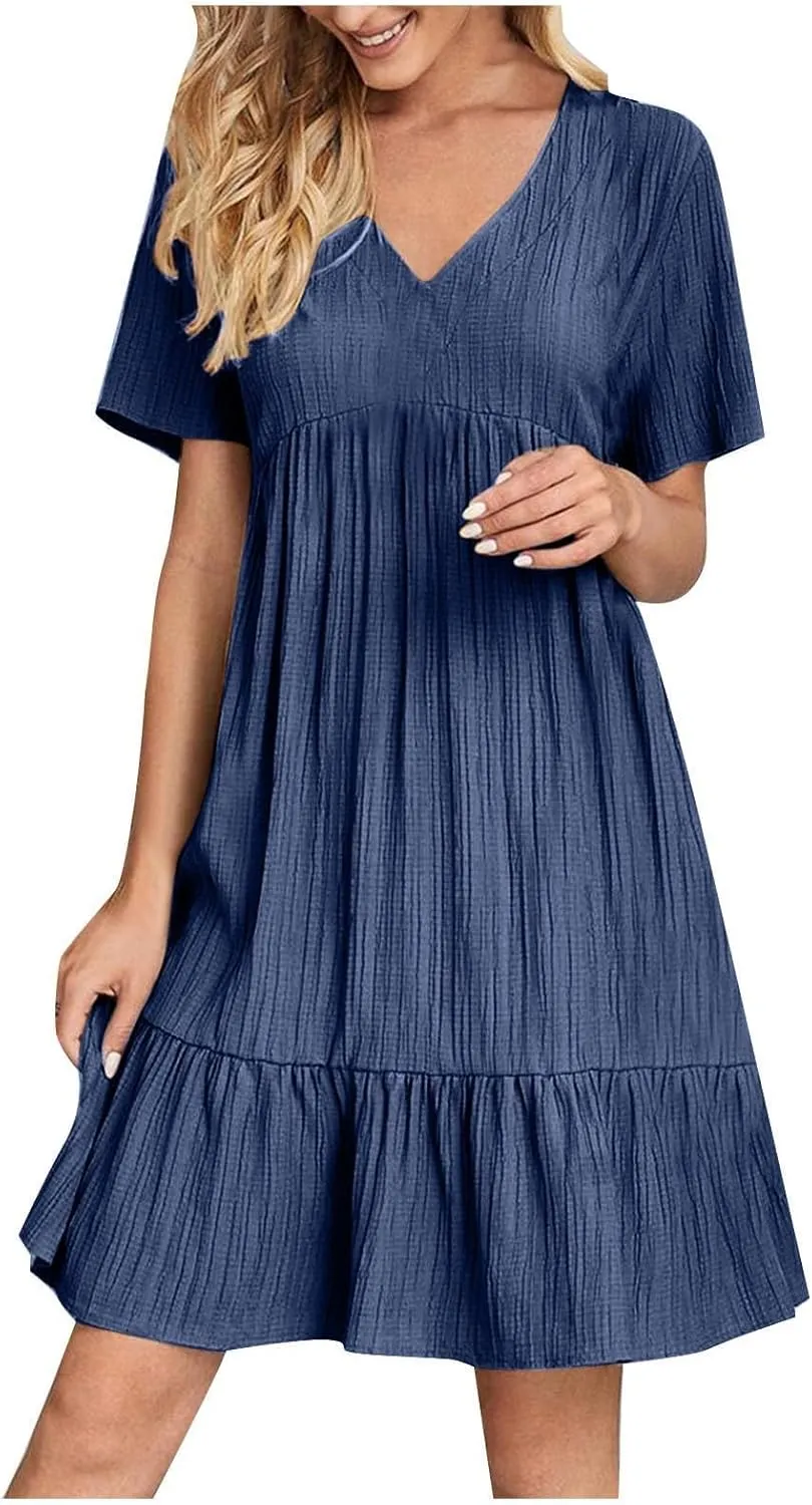 Womens V Neck Pleated Swing Dress 2025 Summer Short Sleeve Loose Casual Dresses Flowy Babydoll Short Beach Sundresses