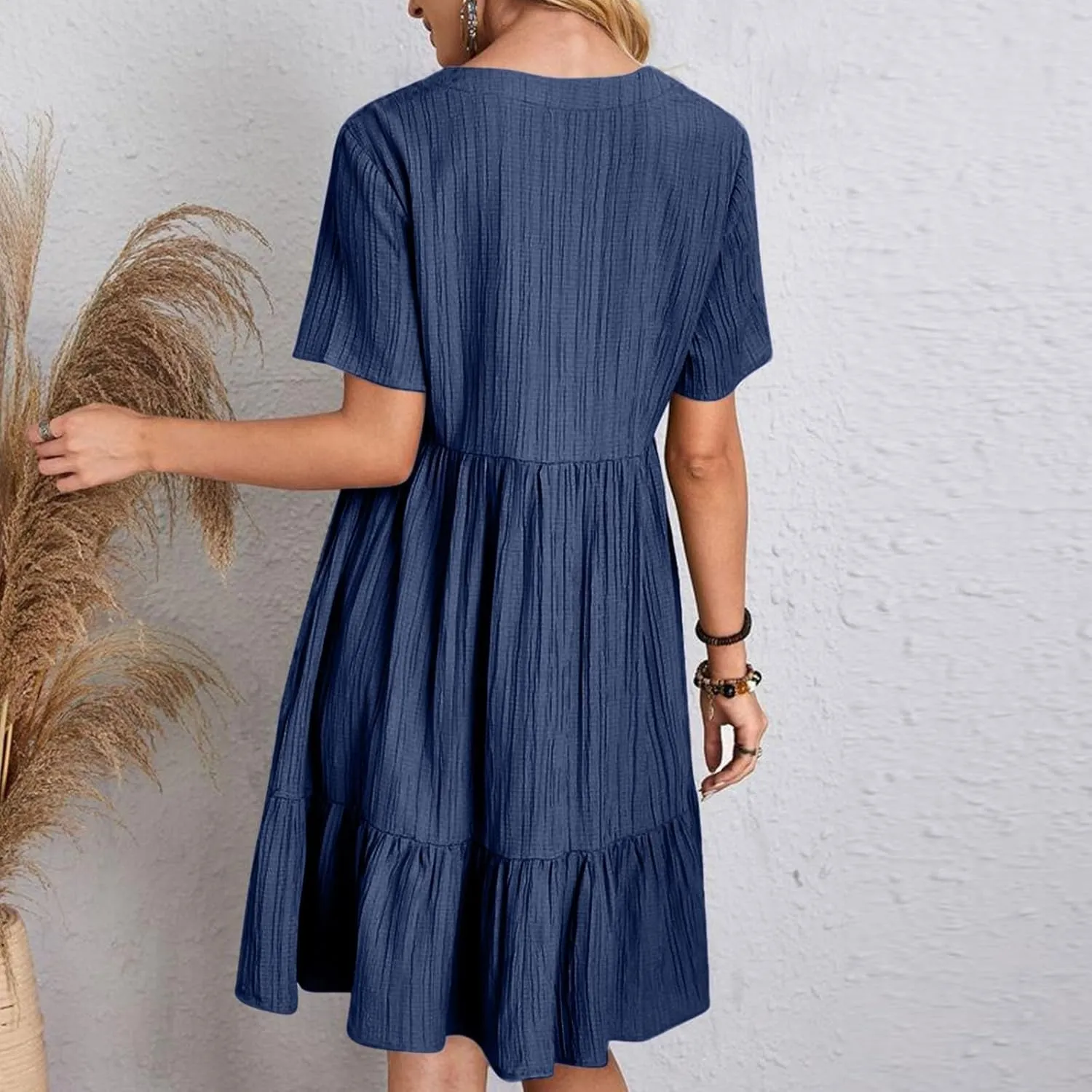 Womens V Neck Pleated Swing Dress 2025 Summer Short Sleeve Loose Casual Dresses Flowy Babydoll Short Beach Sundresses