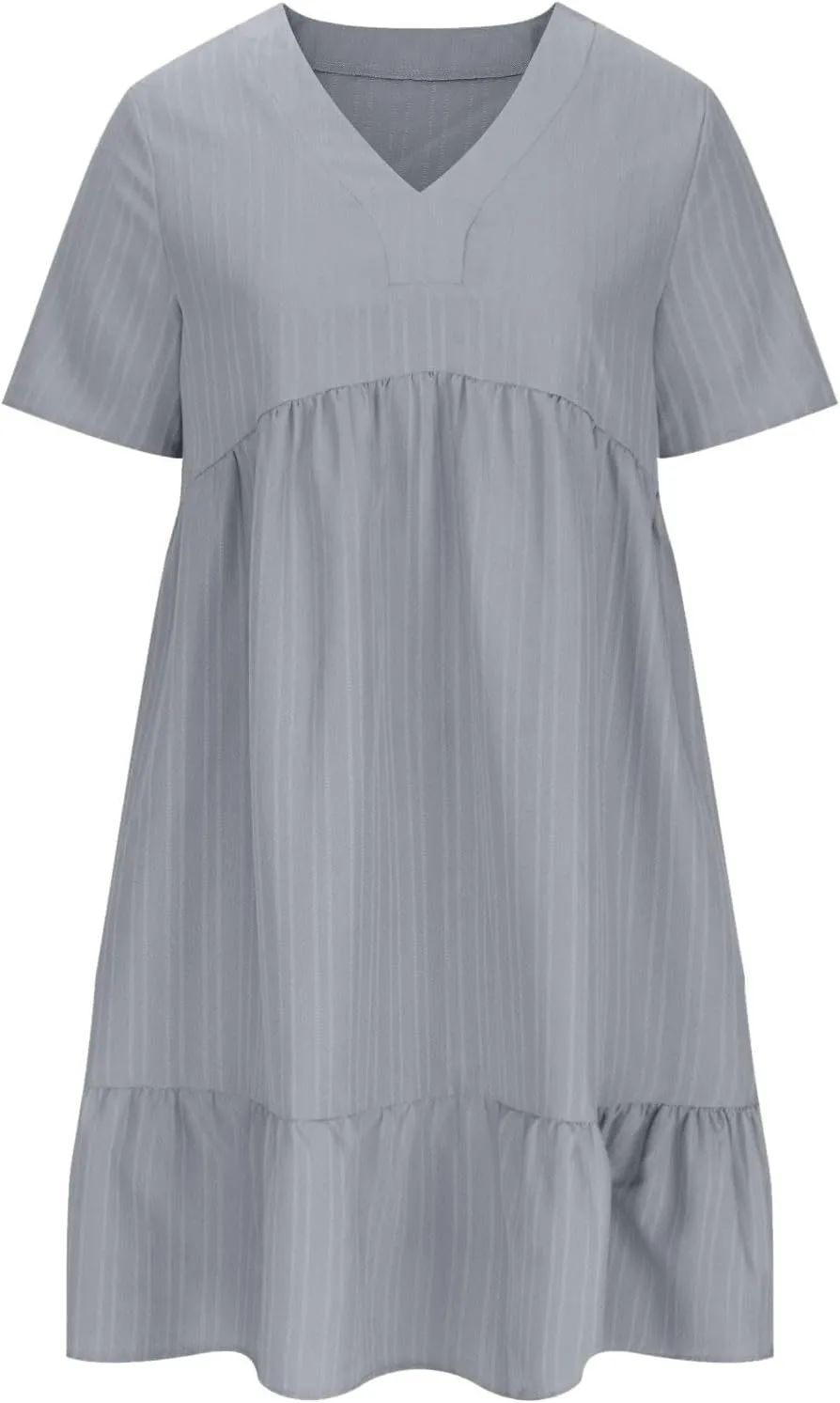 Womens V Neck Pleated Swing Dress 2025 Summer Short Sleeve Loose Casual Dresses Flowy Babydoll Short Beach Sundresses