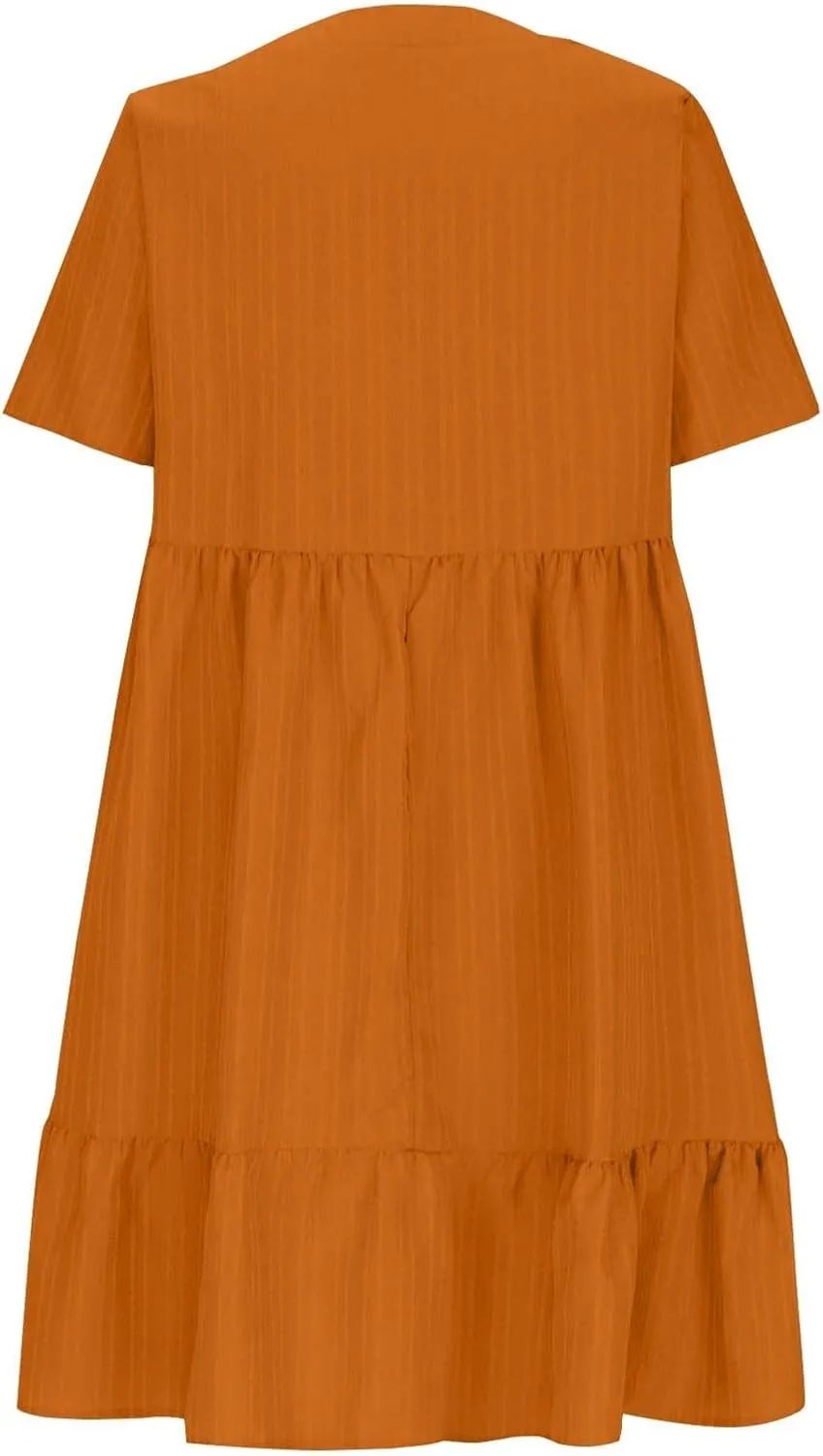 Womens V Neck Pleated Swing Dress 2025 Summer Short Sleeve Loose Casual Dresses Flowy Babydoll Short Beach Sundresses