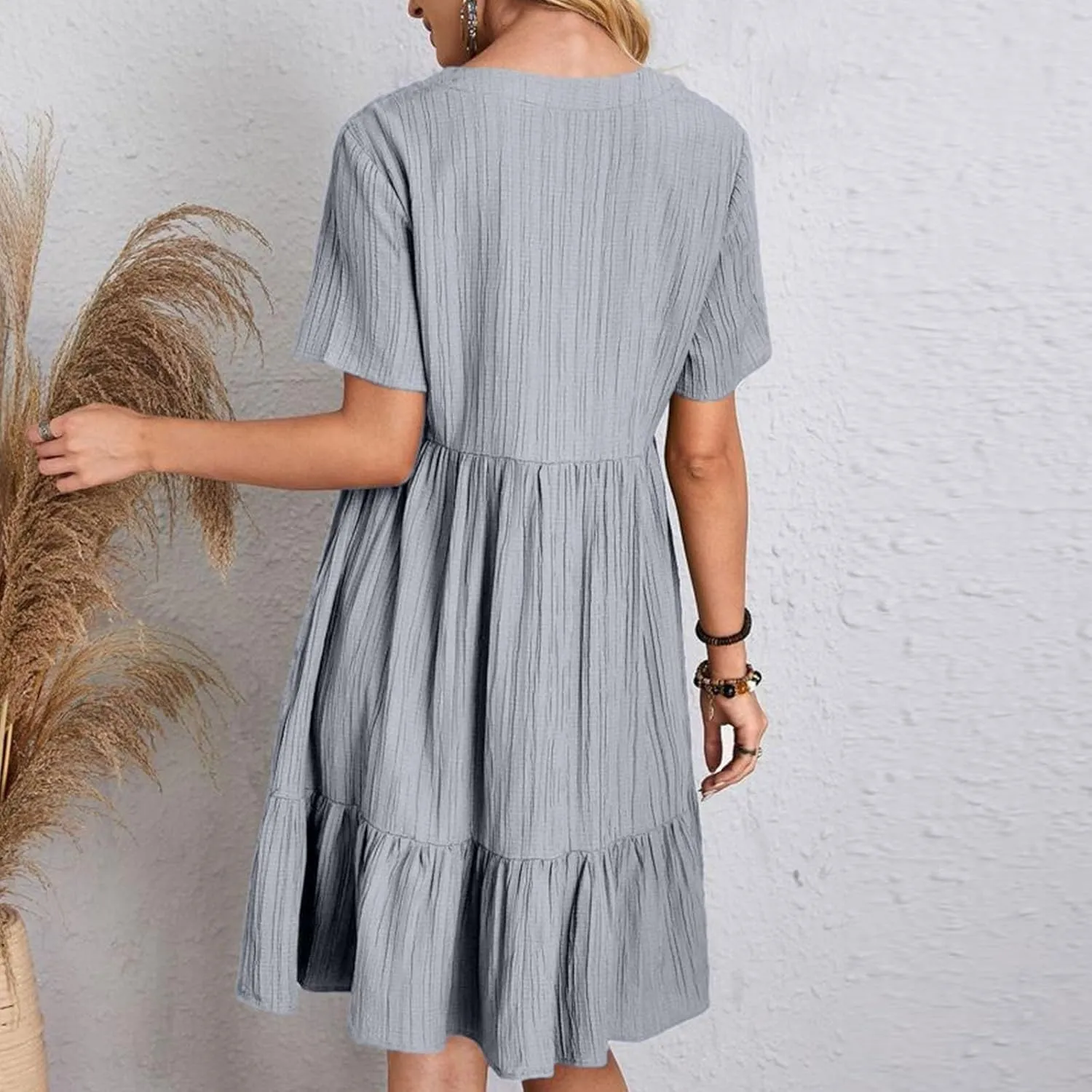 Womens V Neck Pleated Swing Dress 2025 Summer Short Sleeve Loose Casual Dresses Flowy Babydoll Short Beach Sundresses